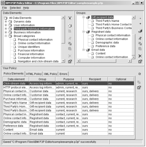 The IBM P3P Policy Editor features a drag-and-drop interface.