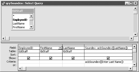 The qrySoundex query in design view