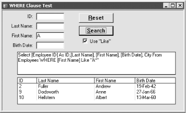 The test form, frmQuoteTest, with a subset of the data selected