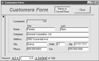The frmCustomer form after marking the current record