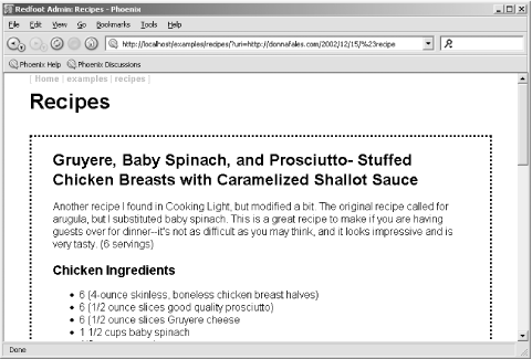 Example page from Recipes application