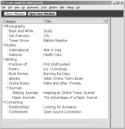 XUL application under development that contains a treeview widget populated by an external RDF/XML file, through a template