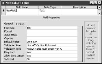 Design view of table generated from running exaCreateTable