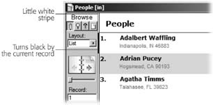 The little white strip along the right edge of the status bar tells you you’re in List view. Its job is to show you which record is currently selected. The strip is filled with black along the edge of the current record. In this example, the first record is selected.