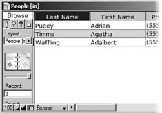 When you click a column header, FileMaker darkens that header and sorts the list. Here, for example, the list is sorted by Last Name. If you sort the records using the Records → Sort Records command instead, FileMaker doesn’t try to figure out which column was used. Instead, it simply lightens all the column headers.