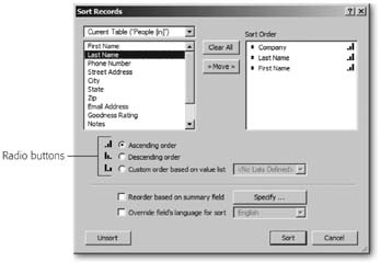 The Sort Records dialog box offers a lot of options, but the two lists on top, and the first two radio buttons, are critical to every sort you’ll ever do in FileMaker. In a nutshell, you pick the fields you want to sort by and the order they should be sorted. Then click Sort. That’s the essence of any sort, from the simple to the most complex.