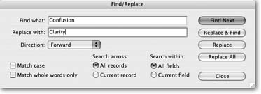 In FileMaker, you use the same dialog box both to find text and to find and replace text. If you aren’t replacing anything, don’t click any of the Replace buttons. The text you’re looking for goes in the “Find what” text box. If you’re replacing it with something new, type that text in the “Replace with” text box. (If you want to replace some text with nothing, making it go away, leave the “Replace with” box empty.)