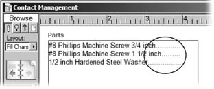 When a tab stop has a fill character, FileMaker uses it to fill up the space leading up to the text at the tab stop. A period is by far the most common fill character, as you’ve seen on a many a diner menu or theater program…or the table of contents of this book!