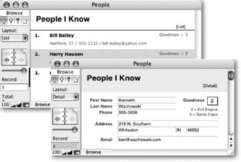 This is the People database, too. It has the same fields and the same records (it’s even the same file). Only the layouts have changed. Now it has two of them (one is shown in each window), and they’ve been gussied up a bit. The one in front is a detail layout. The other one is a list layout.