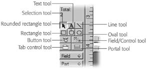 These are the drawing tools. In this picture, the selection tool is active (it has a darker background). To choose a different tool, click it. Once active, you can click or drag on the layout to draw a shape or add some text. When you release the mouse button, FileMaker automatically activates the selection tool again.