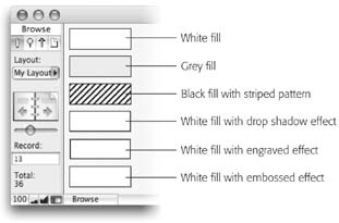 This layout shows what happens when you apply various fill colors, patterns, and effects to a simple rectangle. You can use these same fills with other shapes, fields, and even whole parts.