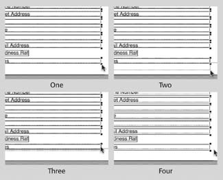 In this series of images, you can see the steps needed to get your field heights fixed. Start by grabbing the lower-right handle on one of the selected fields—it doesn’t matter which field (one). Then drag straight down a little (two), and then back up (three). When you do, FileMaker doesn’t let you make the field shorter than it needs to be to fit the text it contains. Release the button (four) and all the selected fields resize appropriately.