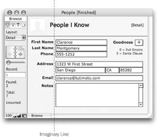 There are two kinds of FileMaker layout designers: those who see imaginary lines and those who don’t. Some people think a messy pile of fields and labels is just fine, but in most databases (and in this book), you’ll see things lined up nicely.