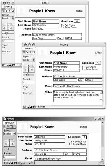 When you click a window’s zoom button in Mac OS X, FileMaker makes the window just big enough to hold the contents of the layout. With your layout as it is now, the edge of the “zoomed down” window bumps right up to fields (top front), which most people think looks funny. The solution is to add a line to the layout that’s just a bit wider than the fields are across (top rear). See Section 4.4.10 for instructions. If you’re going to use the database only in Windows, you may want to leave the line out, since Windows can’t easily resize a window to fit perfectly, and in fact the line may look odd in a wider window (bottom).