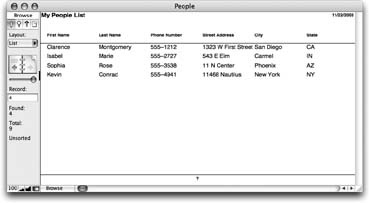 This “Columnar” List/Report layout shows several people at a time in a space-efficient form. FileMaker plugs in the page title, date, and column headings automatically when you create the layout. (You’ll find out how to adjust all these settings on Section 5.3.2.)