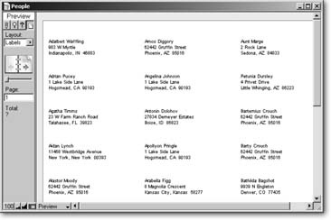 When you create a Labels layout, you can easily decide how all the field data mixes together to display as you want it. In this example, the First Name and Last Name are on the first line, with a single space between them. On the third line, City, State, and Zip have been combined appropriately.