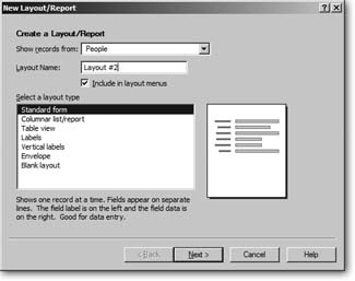 The New Layout/Report dialog box (Layout → New Layout/Report) is the starting point for layout creation. Most importantly, you get to decide what type of layout you want. If you pick any type other than Blank layout, FileMaker does some of the initial busywork for you.