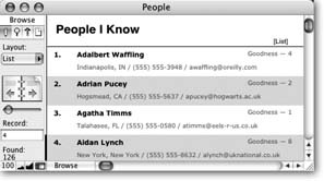 The new list layout shows some information about a lot of people. As in all good list layouts, you can scroll through the records in the found set. Unlike your everyday, ordinary list, though, this layout doesn’t have a strict “Columns design.