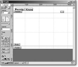 Now that your header has been gussied up, this is how your layout looks. It has a nice-looking header, but the body could still use some work—it’s empty right now. Since this is a list layout, you need to give it a short body without a lot of wasted space. This body appears once for each record in the found set, producing an attractive scrolling list.