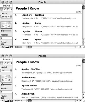 The window at top uses normal fields, which are always in the same place on the layout, no matter what record you’re on. Notice how the spacing between the contents of each field looks odd. By using merge fields, you can even out such awkward spacing for a more professional result, like the bottom window.