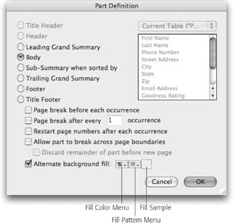 The Part Definition dialog lets you configure every nitty-gritty detail of any layout part. Here, the “Alternate background fill” checkbox is turned on, telling FileMaker to use different fill color and style for even and odd records in list view.