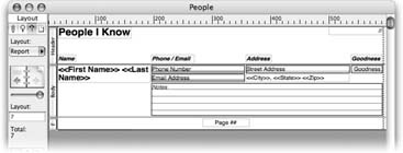 In Layout mode, you can see how this layout comes together. Everything here should look familiar to you: parts, text objects, lines, fields, and merge fields. But don’t fear—there’s plenty left to learn, from FileMaker’s automatic layout assistant to the ins and outs of printing a layout.