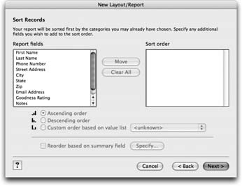 Sometimes you want your reports sorted, so FileMaker offers to do it for you. In truth, it creates a script (Part 4) for you that sorts the records, switches to the layout, and goes to Preview mode—everything you do to view a typical report.