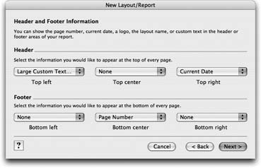 Once you have a theme, you get to choose what to put in the headers and footers. You can add Page Numbers, the Current Date, the Layout Name, Custom Text, and Logos. And you can put these things in six different places: Top left, Top center, Top right, Bottom left, Bottom center, and Bottom right. FileMaker lets you put one thing in each spot.