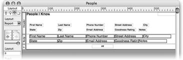 The layout FileMaker creates for you looks like this. It has all the parts and pieces, but it needs a little cleanup. You can reorganize the fields in a way that makes more sense to you, and you can always change fonts, sizes, and styles to suit your taste. You can use any of the tools you learned about in Chapter 4 to modify these objects. You can even put a picture of your first-born in the header. After all, it’s your database.