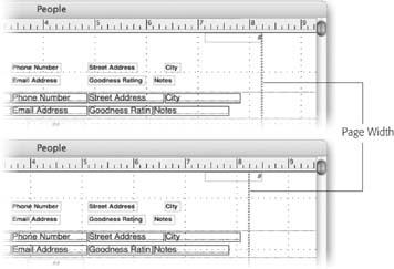 FileMaker draws thick, hashed lines right on the layout to show where the page breaks are. When you adjust page margins, the location of these lines changes. In these pictures, the top image shows the layout as FileMaker created it. Once you adjust the margins, your header no longer fits the width of a page, as shown in the bottom image.