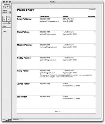 The report is looking better, but it sure wastes a lot of space. Only one record on this page has anything in the notes field, and even that is only two lines. But when you were arranging fields on the body, you told FileMaker to make the notes field about five lines tall, and that’s how much space it reserves.