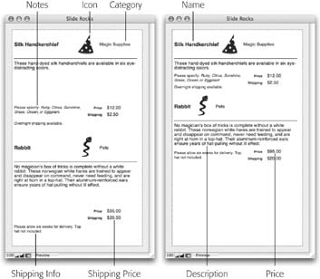 These windows show the same thing: a page with two product records. The version on the left uses sliding to get rid of unsightly extra space. The width of the name field shrinks to fit its contents. The height of the description field shrinks to fit as well. The icon and category both slide left. The notes field, shipping info field, price field and shipping price field all slide up. Finally, the entire body part shrinks to fit its contents (notice how the second product record starts higher on the page in the right window).