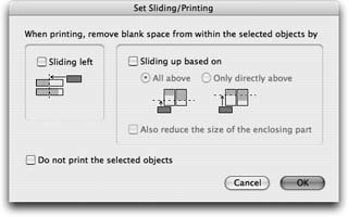 The Sliding/Printing dialog box is where you go to tell FileMaker how an object should slide, if at all. (You can also turn on “Do not print the selected objects” which does exactly what it says. Hence the “/Printing” in this dialog box’s name.) You’ll learn about all those other buttons soon.