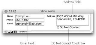 Everything on this layout is “above” the Do Not Contact checkbox. But for the purposes of sliding, only two count. From FileMaker’s perspective, the Address field is directly above it, while the email field is just above it. If the Address field and the Do Not Contact checkbox are both set to slide up, the “All above” or “Only directly above” choice becomes important. If you choose “All above,” the checkbox never slides because the Email field doesn’t. If you choose “Only directly above,” it sticks with the Address field, even if that means sliding up alongside the Email field.