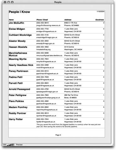 Now each record in the People database is small and paper-efficient. When a record does have notes, like the last one here, FileMaker makes just enough room to hold them, with no wasted space. If you choose File → Print while viewing this report, you get a printout that looks surprisingly like what you see onscreen.