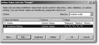 The Define Value Lists window (File → Define → Value Lists) shows you every value list in your database. Here, you can add new lists, or modify those you’ve previously defined. You can use the “View by” pop-up menu to sort the list.