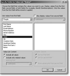 When you create a value list using values from a field, you get to pick which field to use. You must first select a table from the “Use values from first field” pop-up menu. (In this case you have only one table—People.) The list below it then shows every field in that table. Simply select the field you want.