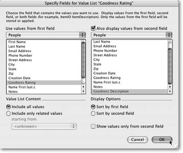 A value list with two fields shows both field values side by side. Only the first value is actually part of the list: If you select “0 Whiff of Sulfur,” only 0 goes in the field. The “Whiff of Sulfur” description just reminds you that the character you’re rating has no character. (You learned how to make value lists appear in pop-up menus on Section 4.4.7.2.)