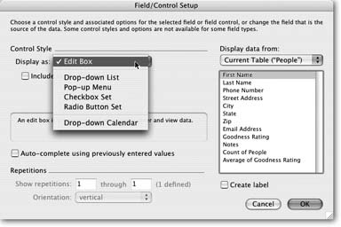 The Field/Control Setup dialog box (Format → Field/ Control → Setup) lets you pick one of six different field control styles. Control styles are like electronic schoolmarms who watch over data entry. Drop-down Lists and Pop-up Menus stand guard over your fields, tapping their rulers, to make sure the rules you set up are followed.