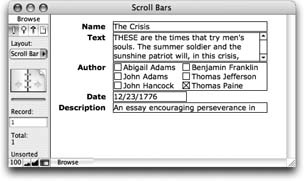 When you format a field as a Checkbox Set, it looks like the Author field shown here. FileMaker adds one checkbox for each item in the value list, and arranges them to neatly fill the boundaries of the field. You can still apply borders, fills, and effects to a field like this—they affect the entire area the Checkbox Set covers.