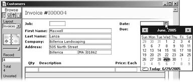 The drop-down calendar makes entering dates a snap. It has some sweet controls, too. When the field’s empty, the current date is highlighted when the field drops down. Or, if there’s data in the field already, FileMaker highlights that date when the calendar appears.