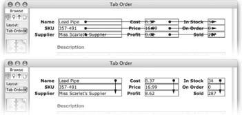 As the top window shows, each time you press Tab, FileMaker moves you to the next field to the right. When you get to the end, it starts down and left and starts moving through the next row of fields. This automatic tab order doesn’t always make sense, though. The order shown on the bottom would be better for this database.