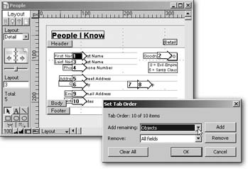 When you choose Layouts → Set Tab Order, the Set Tab Order window appears, and the database window’s content area gets peppered with numbered arrows. Each of these arrows points to a field, and the number tells you where that field falls in the tab order.