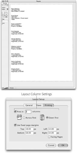 Top: If you make a layout like this one that repeats its body part the right number of times, and in the right places, you can get one record to appear for each row of labels. But your sheet of labels needs a record in each row and column. If you print this layout as it is, you waste two labels for every one you print. Use the layout column settings in the Layout Setup dialog box to fix this problem.Bottom: In fact, you can tell FileMaker how many columns you want, and it fixes everything up for you. When in Layout mode, choose Layouts → Layout Setup. Then click the Printing tab.