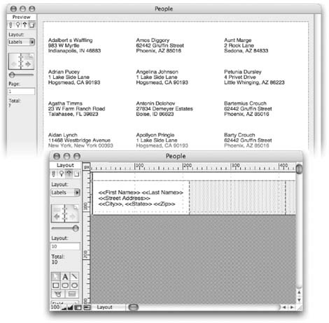 FileMaker draws a dashed line through your layout to show you where the columns land (bottom). It also covers every column but the first with a dotted pattern. This pattern is its way of saying, “Don’t expect anything you put here to print.” Since every column is identical, you just have to lay out the first. FileMaker repeats it for the rest. Bottom: With the layout set to print in three columns, everything comes together (top).