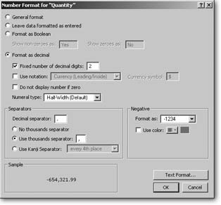 FileMaker has four top-level number format settings: General Format, “Leave data formatted as entered,” Format as Boolean, and “Format as decimal.” If you choose either of the last two, you get still more choices. If you’re looking for the kind of number formatting options you’re accustomed to in a spreadsheet program, turn on “Format as decimal” and go to town. The sample at the bottom of the dialog box shows how a number looks with your settings applied.