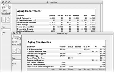 These two windows show the same report, an Aging Receivables report just like you might get from your accountant. In the top window, all those zeros just get in the way of the real data. The bottom window shows how the report looks when each field has its “Do not display number if zero” option turned on (in the Number Format dialog box).