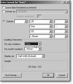 The Date Format dialog box gives you lots of control over how dates look. You get three primary choices (“Leave data formatted as entered,” “Format as,” and “Custom”), the last two with assorted settings. And you get a sample demonstrating your choices as well.