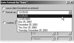 The “Format as” pop-up menu gives you six canned date formats to pick from. If you choose either of the first two, you can pick something other than “/” to go between each number by typing it in the “Numeric separator” box (it’s covered by the menu in this picture). You can also add a leading zero or space to single-digit day and month numbers by picking from the Leading Characters area’s pop-up menus.