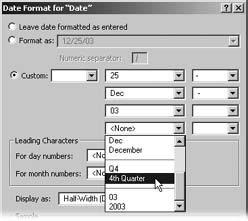 The first group of three choices in this menu lets you show the day portion of the date. You can show the day-of-month number, or the day-of-week name as an abbreviation or full name. Next, you get the same three ways to display the month. If you’re so inclined, you can add a quarter to your date in two ways. Finally, you can pick between a two-digit and a four-digit year.